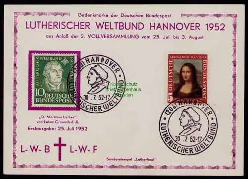 B17979 Gedenkkarte Gedenkblatt BRD 149 Lutherischer Weltbund Hannover 1952