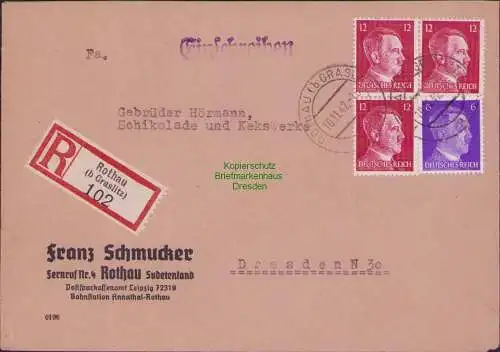 B17508 Einschreiben R-Brief an Gebr. Hörmann A.-G. Röthau über Graslitz  1942