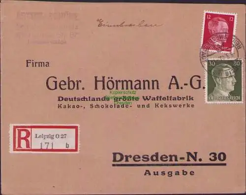 B17460 Einschreiben R-Brief 171an Gebr. Hörmann A.-G. Leipzig O 27 1943