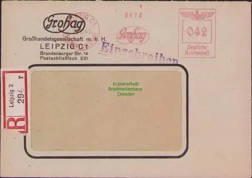 B17485 Einschreiben R-Brief 294 an Gebr. Hörmann A.-G. Leipzig 1942 Freistempel