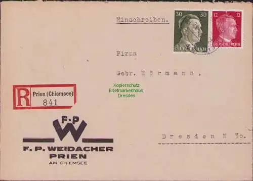 B17512 Einschreiben R-Brief an Gebr. Hörmann A.-G. Prien (Chiemsee) 1 Zeile 1943