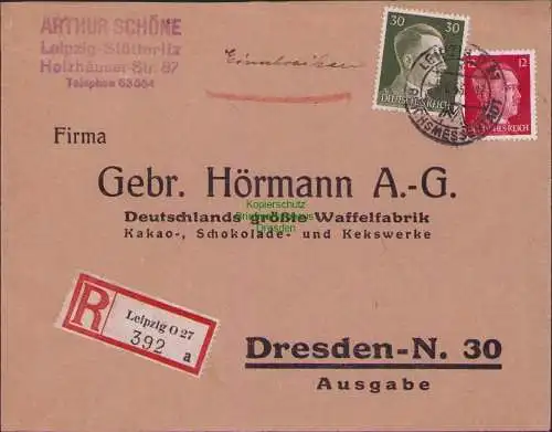 B17461 Einschreiben R-Brief 392 an Gebr. Hörmann A.-G. Leipzig O 27 1943