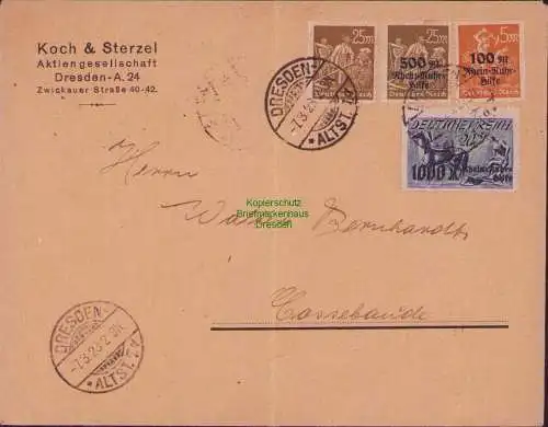 B17564 Brief DR Deutsches Reich 258 - 260 Dresden . Cossebaude Rhein Ruhr Hilfe