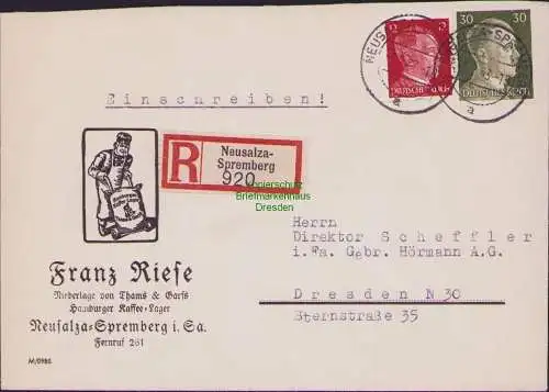 B17497 Einschreiben R-Brief 920 an Gebr. Hörmann A.-G. Neusalza Spremberg 1943