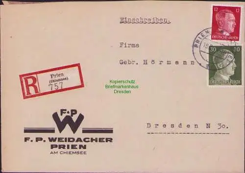 B17511 Einschreiben R-Brief a Gebr. Hörmann A.-G. Prien (Chiemsee) 2 Zeilen 1943