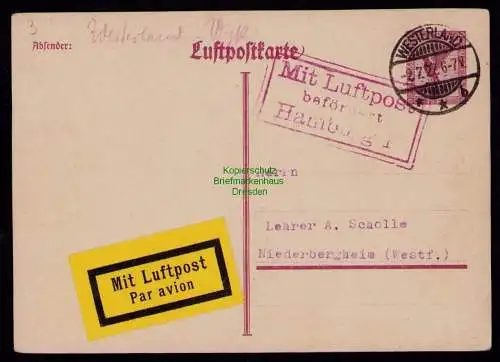 B17988 Ganzsache DR Deutsches Reich Westerland 1927 Luftpostkarte Hamburg nach