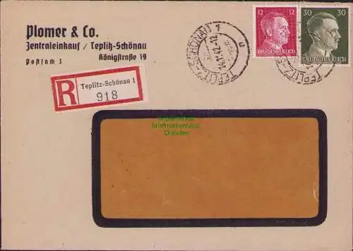 B17521 Einschreiben R-Brief 918 an Gebr. Hörmann A.-G. Teplitz Schönau 1942