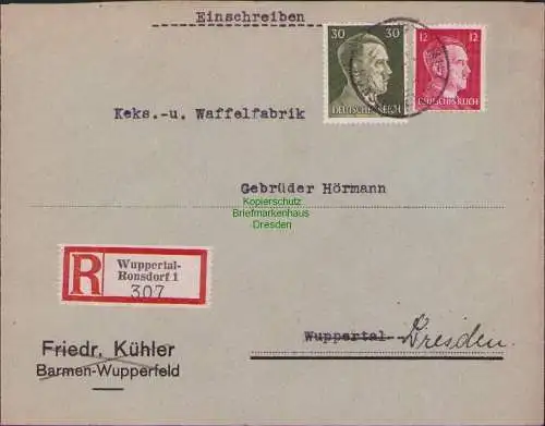 B17526 Einschreiben R-Brief 307 an Gebr. Hörmann A.-G. Wuppertal Ronsdorf 1943