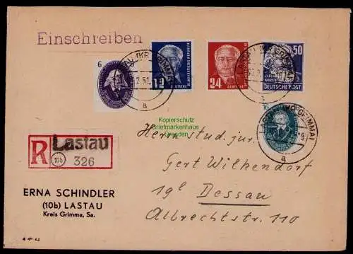 B17954 Brief DDR 263 267 Akademie Einschreiben Lastau Not-R-Zettel nach Dessau