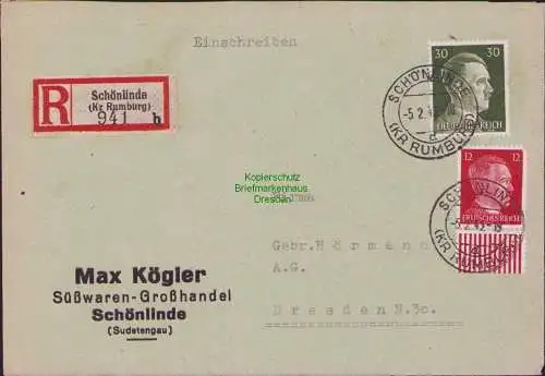 B17514 Einschreiben R-Brief 941 Gebr. Hörmann A.-G. Schönlinde Kr. Rumburg 1943