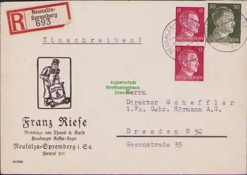 B17498 Einschreiben R-Brief 693 an Gebr. Hörmann A.-G. Neusalza Spremberg 1943