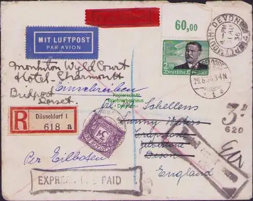 B17558 DR Deutsches Reich 538 Brief Express nach Großbritannien 1938 Nachgebühr