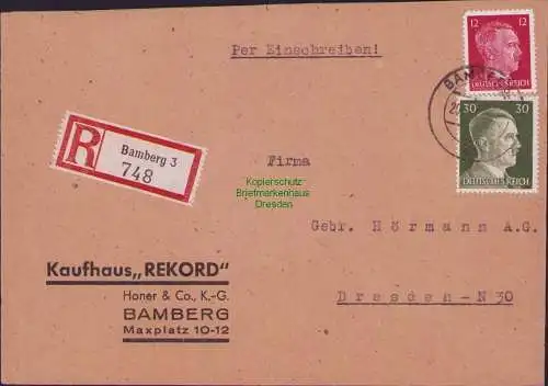 B17492 Einschreiben R-Brief an Gebr. Hörmann A.-G. Bamberg 1943 Kaufhaus Rekord