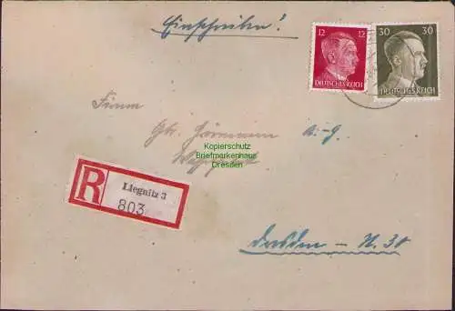 B17478 Einschreiben R-Brief 803 an Gebr. Hörmann A.-G. Liegnitz 3 1943