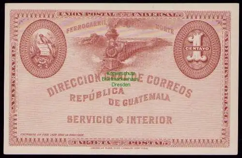 B18008 Guatemala Ganzsache 1 Centavo Ferrogarril Norte Eisenbahn um 1890