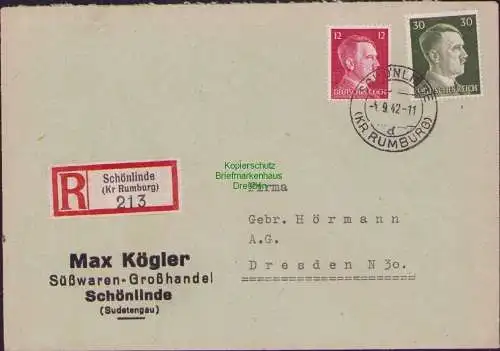 B17513 Einschreiben R-Brief 213 Gebr. Hörmann A.-G. Schönlinde Kr. Rumburg 1942