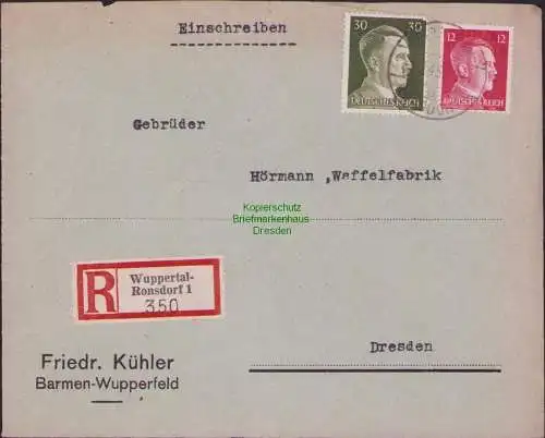 B17525 Einschreiben R-Brief 350 an Gebr. Hörmann A.-G. Wuppertal Ronsdorf 1943