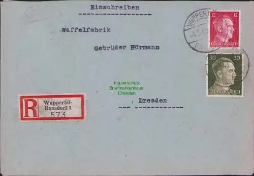 B17527 Einschreiben R-Brief 573 an Gebr. Hörmann A.-G. Wuppertal Ronsdorf 1943