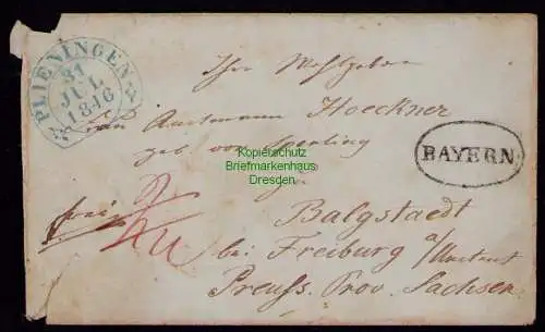 B17968 Brief Plieningen bei Stuttgart 1846 nach Balgstedt b. Freiburg a. Unstrut