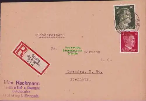 B17438 Einschreiben R-Brief 312 an Gebr. Hörmann A.-G. Geising Bez. Dresden 1943