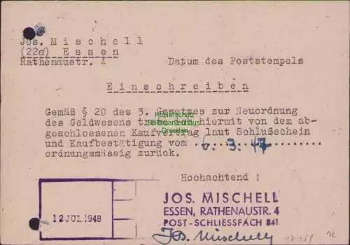 B17159 BAZ Postkarte Essen Einschreiben 7.7.48 1948 Währungsreform West nach W