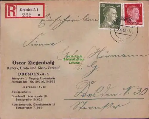 B17429 Einschreiben R-Brief 285 an Gebr. Hörmann A.-G. Dresden A1 1943