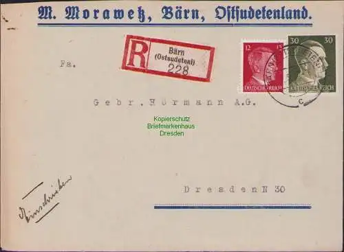 B17402 Einschreiben R-Brief Gebr. Hörmann A.-G. Bärn Ostsudeten 1943 Nordmähren