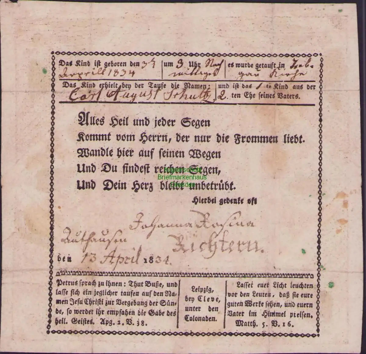 B17201 handcolorierter Taufbrief Taufpatenbrief 1834 2