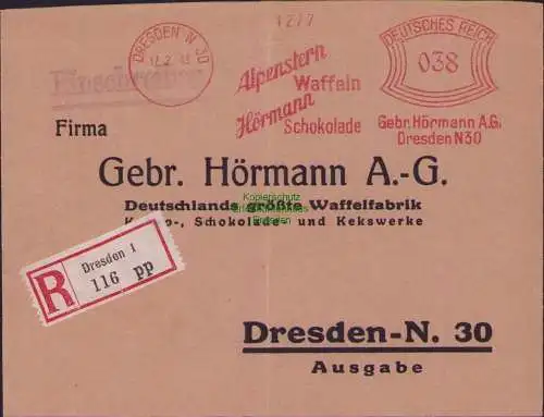 B17428 Einschreiben R-Brief an Gebr. Hörmann A.-G. Freistempel 38 Pfg. Antwort