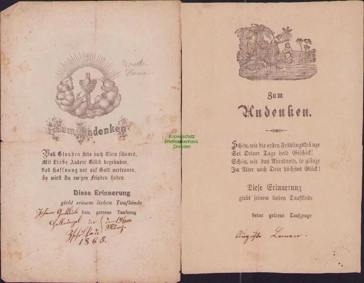 B17210 2x Spruchzettel aus Taufbrief Taufpatenbrief 1865 Zschölkau bei Krostitz 0