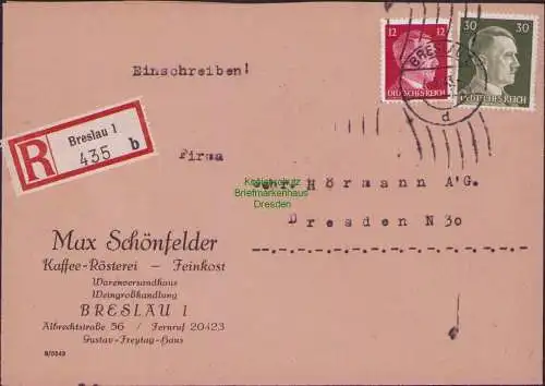 B17415 Einschreiben R-Brief an Gebr. Hörmann A.-G. Breslau 1 1943