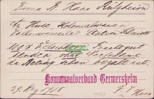 B17090 Bayern 1915 Postkarte Kommunalverband Germersheim nach Rülzheim