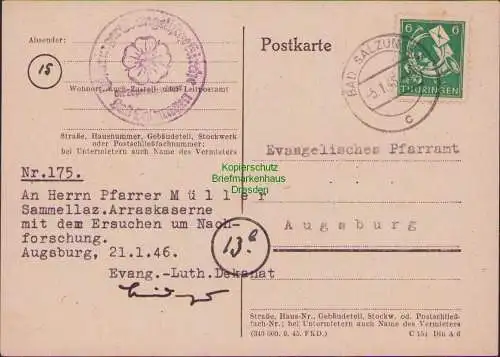 B16869 SBZ Thüringen Postkarte Bad Salzungen an Pfarramt Augsburg 21.1.46 1946