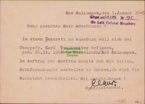 B16869 SBZ Thüringen Postkarte Bad Salzungen an Pfarramt Augsburg 21.1.46 1946