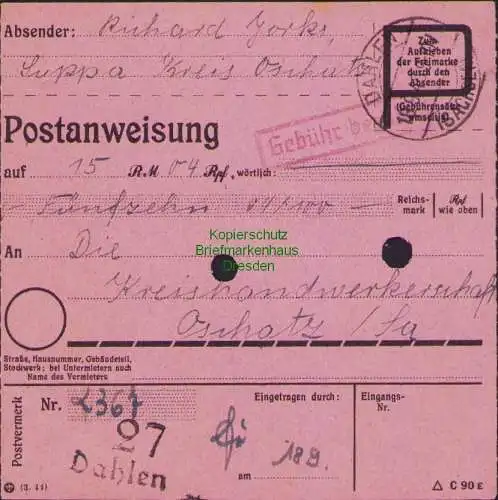 B16323  Gebühr bezahlt 1945 Postanweisung 27 Dahlen 18.9.45 nach Oschatz