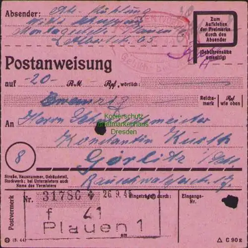 B16385 Gebühr bezahlt 1945 Postanweisung 41 Plauen 1f Nummerator 26.9.45 nach Gö