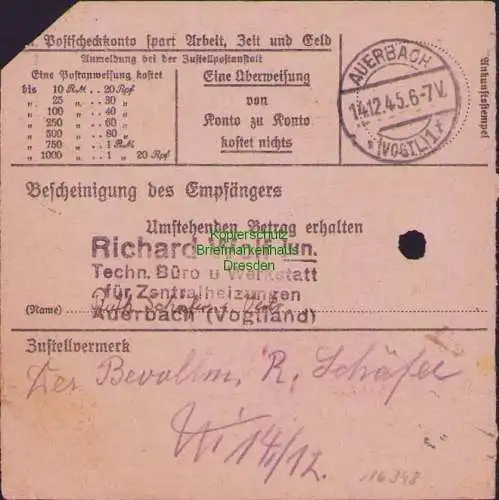 B16348 Gebühr bezahlt 1945 Postanweisung 41 Plauen 1f Nummerator 13.12.45 nach A