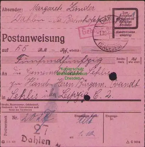 B16328 Gebühr bezahlt 1945 Postanweisung 27 Dahlen 1.10.45 nach Sehlis über Leip