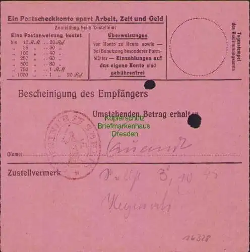 B16328 Gebühr bezahlt 1945 Postanweisung 27 Dahlen 1.10.45 nach Sehlis über Leip