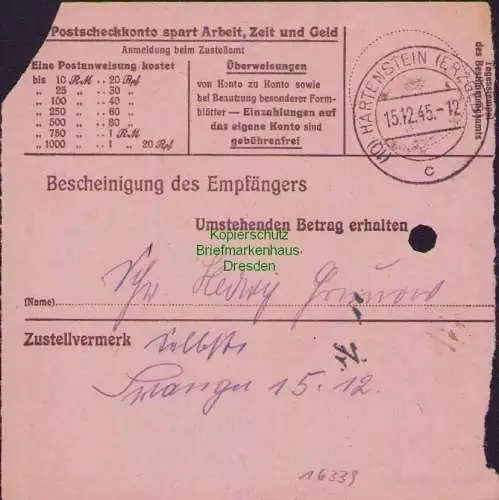 B16339 Gebühr bezahlt 1945 Postanweisung 41 Plauen 1f Nummerator 13.12.45 nach H