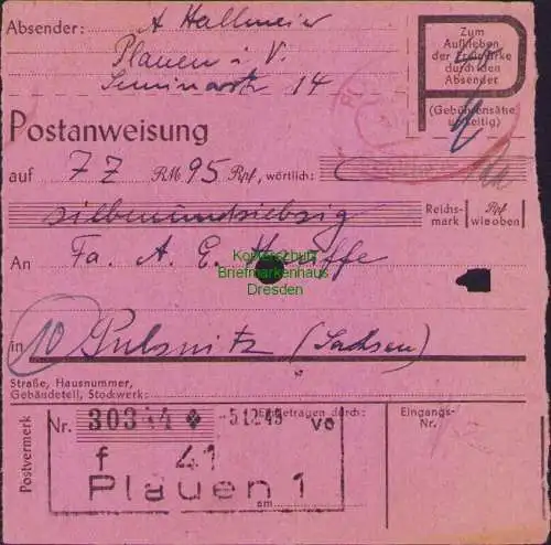 B16337 Gebühr bezahlt 1945 Postanweisung 41 Plauen 1f Nummerator 5.12.45 nach Pu