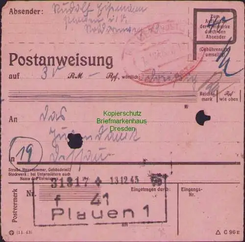 B16347 Gebühr bezahlt 1945 Postanweisung 41 Plauen 1f Nummerator 13.12.45 nach D