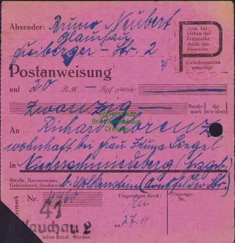 B16314  Gebühr bezahlt 1945 Postanweisung 41 Glauchau 2 27.11.45 nach Niederschm