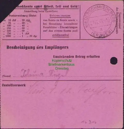 B16314  Gebühr bezahlt 1945 Postanweisung 41 Glauchau 2 27.11.45 nach Niederschm