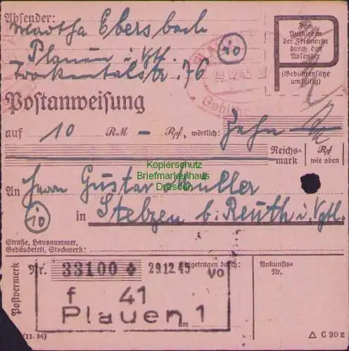 B16388 Gebühr bezahlt 1945 Postanweisung 41 Plauen 1f Nummerator 29.12.45 nach R