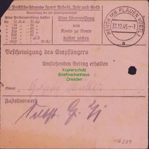 B16388 Gebühr bezahlt 1945 Postanweisung 41 Plauen 1f Nummerator 29.12.45 nach R