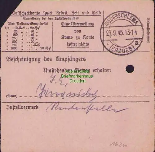 B16360 Gebühr bezahlt 1945 Postanweisung 41 Plauen 1 26.9.45 nach Niederschlema