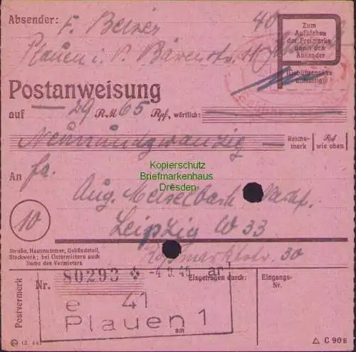 B16344 Gebühr bezahlt 1945 Postanweisung 41 Plauen 1e Nummerator 4.9.45 nach Lei