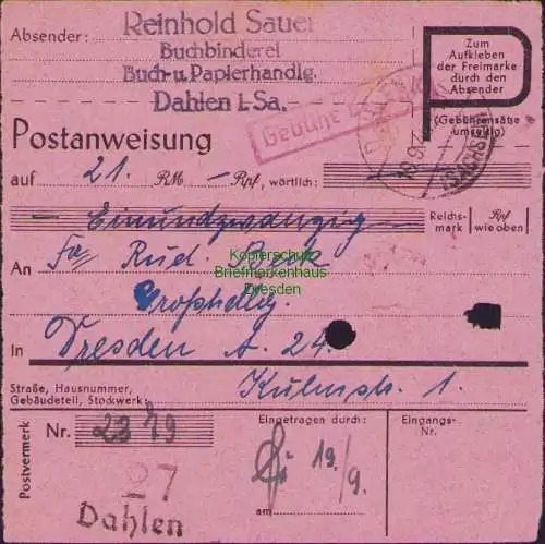 B16334 Gebühr bezahlt 1945 Postanweisung 27 Dahlen 19.9.45 nach Dresden A 27