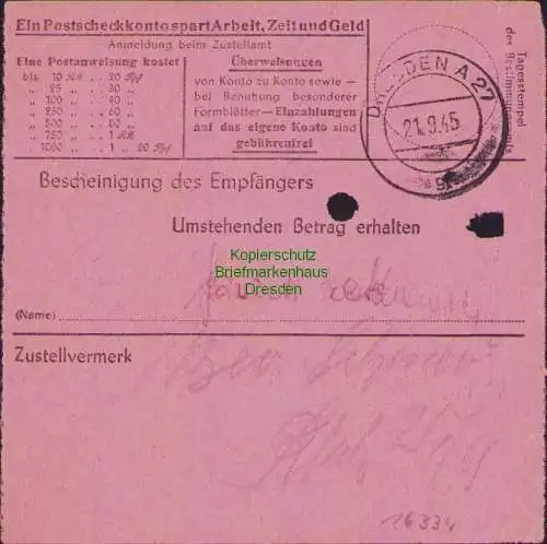 B16334 Gebühr bezahlt 1945 Postanweisung 27 Dahlen 19.9.45 nach Dresden A 27